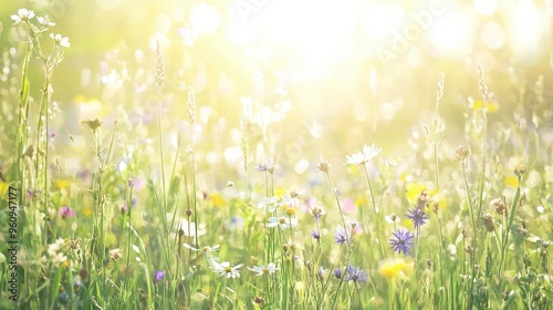 Summer Meadow Flowers in Sunlight with Bokeh Background
