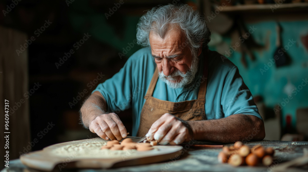 Elderly craftsman carving wood in cozy workshop