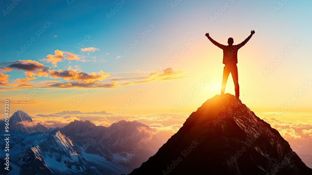 Triumph of Achievement - Person Standing Victorious on Mountain Peak with Copy Space for Text Triumph of Achievement - Person Standing Victorious on Mountain Peak with Copy Space for Text