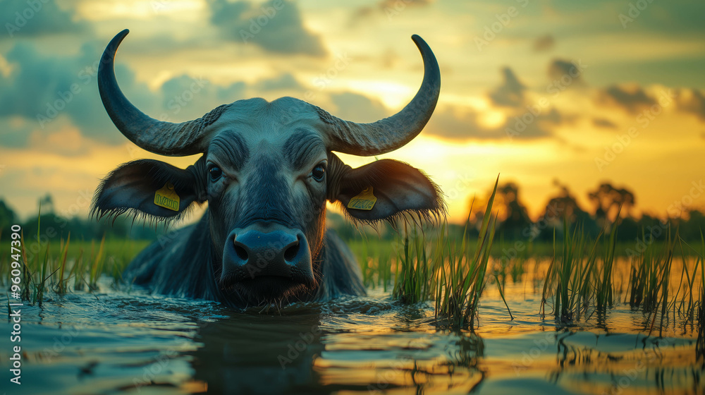 Naklejka premium Water buffalo wading in rice field at sunset
