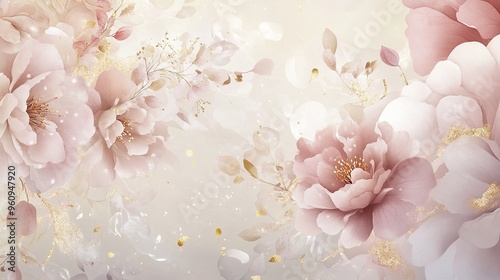 Captivating Illustration of a Romantic and Feminine Design with an Exquisite Floral Pattern in Soft Pastel Colors. Delicate Blossoms with Intricate Petal Details and Golden Dust Sprinkles Add a Luxuri photo