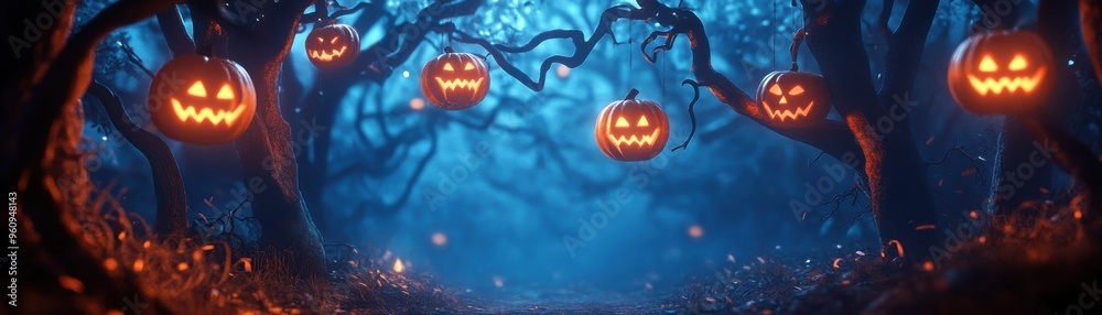 Fototapeta premium A spooky Halloween forest scene with glowing jack-o'-lanterns illuminating the dark, misty surroundings, perfect for festive imagery.