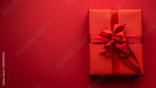 Red Gift Box with Satin Ribbon on Matching Background