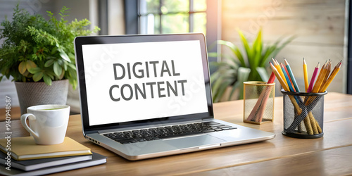 Digital Content Creation: Laptop and Pencil Border Frame Design with Ample Copy Space for Strategy Content - SEO Stock Photo