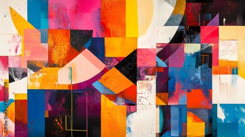 Abstract Geometric Painting with Vibrant Colors and Textured Surfaces photo