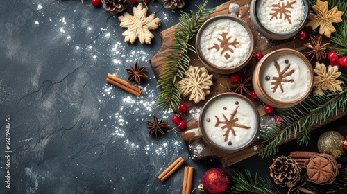 festive mugs of hot chocolate topped with whipped cream, surrounded by cinnamon sticks, candy canes, and decorated gingerbread cookies. A cozy holiday scene with a cup of spiced latte