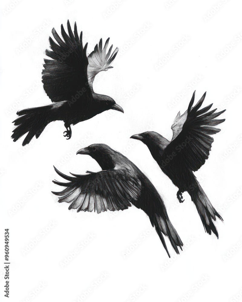Obraz premium Three black crows in flight, drawn in black and white on a white background.