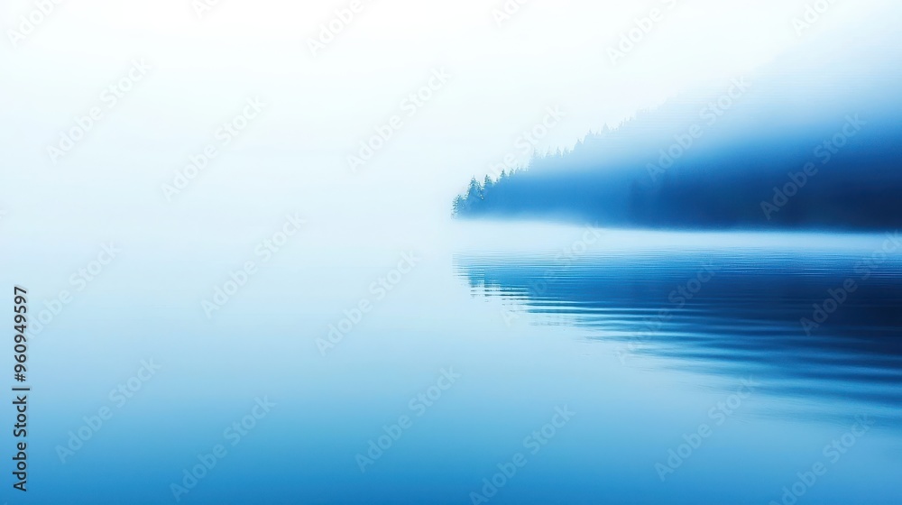 Fototapeta premium Misty Lake With Silhouetted Trees and Reflections