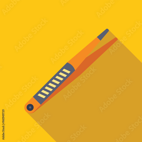 Orange tweezers lying on a yellow background, casting a long shadow