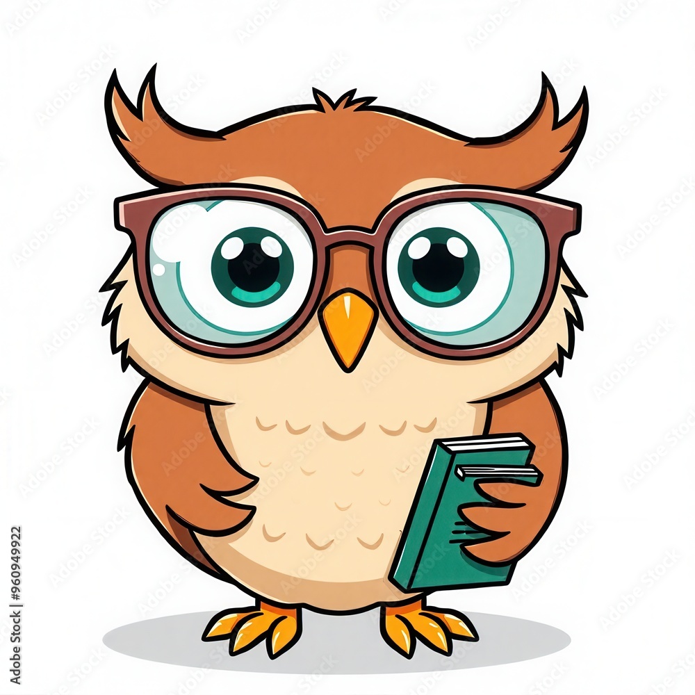 Naklejka premium A cartoon owl wearing glasses and holding a book.