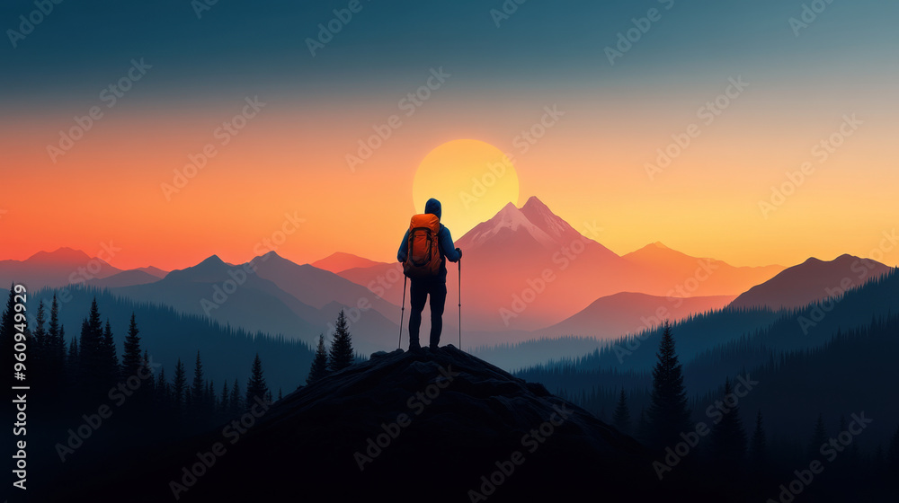 Silhouette of a hiker standing on a mountain peak, watching the sunset over a distant mountain range, with warm colors. Silhouette of a hiker standing on a mountain peak, watching the sunset over a distant mountain range, with warm colors.