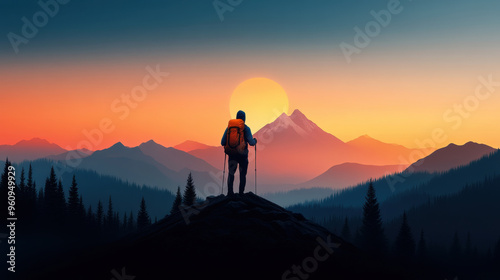 Silhouette of a hiker standing on a mountain peak, watching the sunset over a distant mountain range, with warm colors.