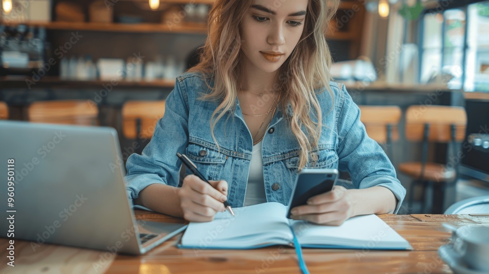 Fototapeta premium Young woman writing notes, using phone and laptop at coffee shop, studying online, remote work, business tasks, casual wear, denim shirt, digital devices, surfing web, e-learning, homework