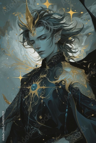 A striking card-style illustration of the Eternal Light Hero with dark gray, gold, and azure hues. ✨👑 Glass star details add celestial elegance, highlighting Leo’s regal essence. photo