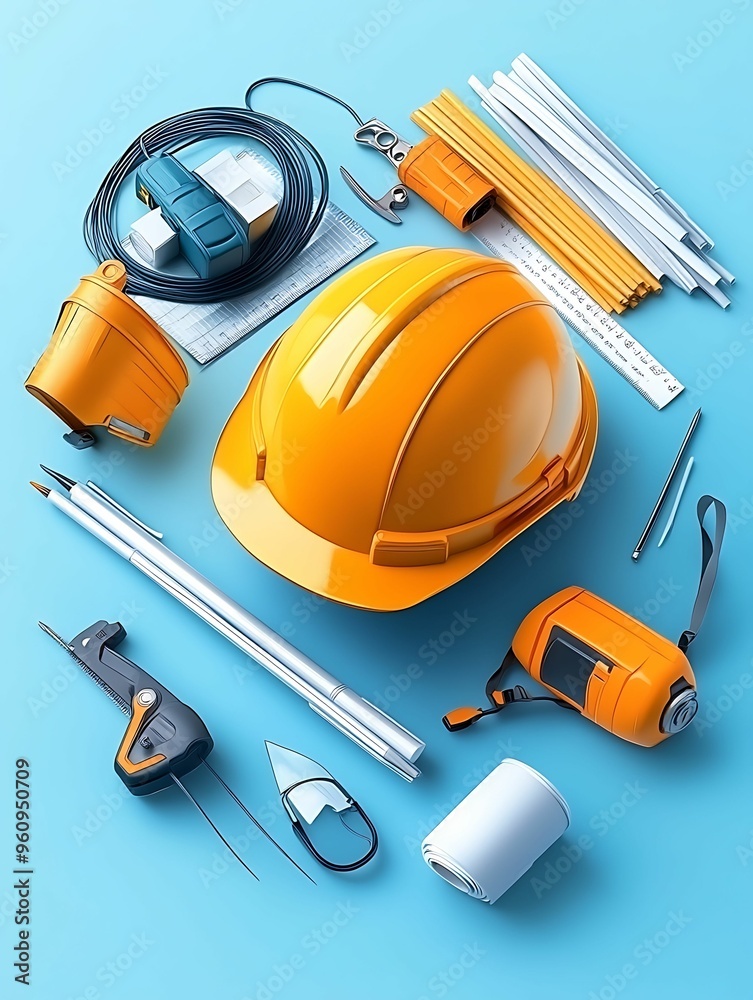 Fototapeta premium Vibrant Isometric Construction Safety Logo Design in Color Pencil Style on Pastel Background