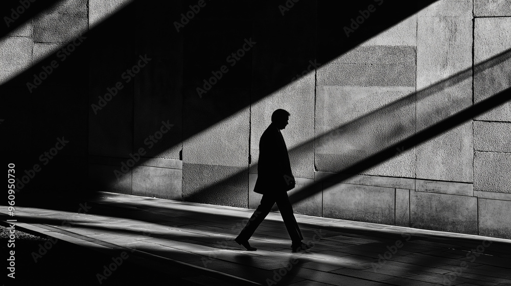 Businessman walking in the city with strong shadows Businessman walking in the city with strong shadows