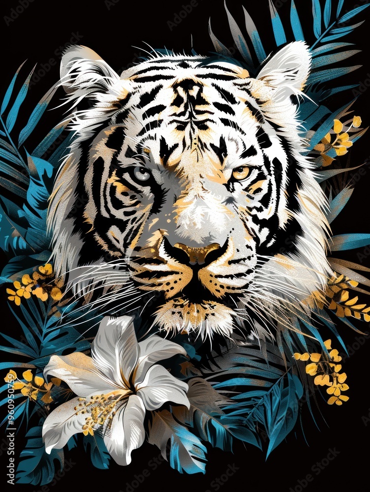 A close-up portrait of a white tiger with striking blue and yellow tropical leaves and flowers. A close-up portrait of a white tiger with striking blue and yellow tropical leaves and flowers.