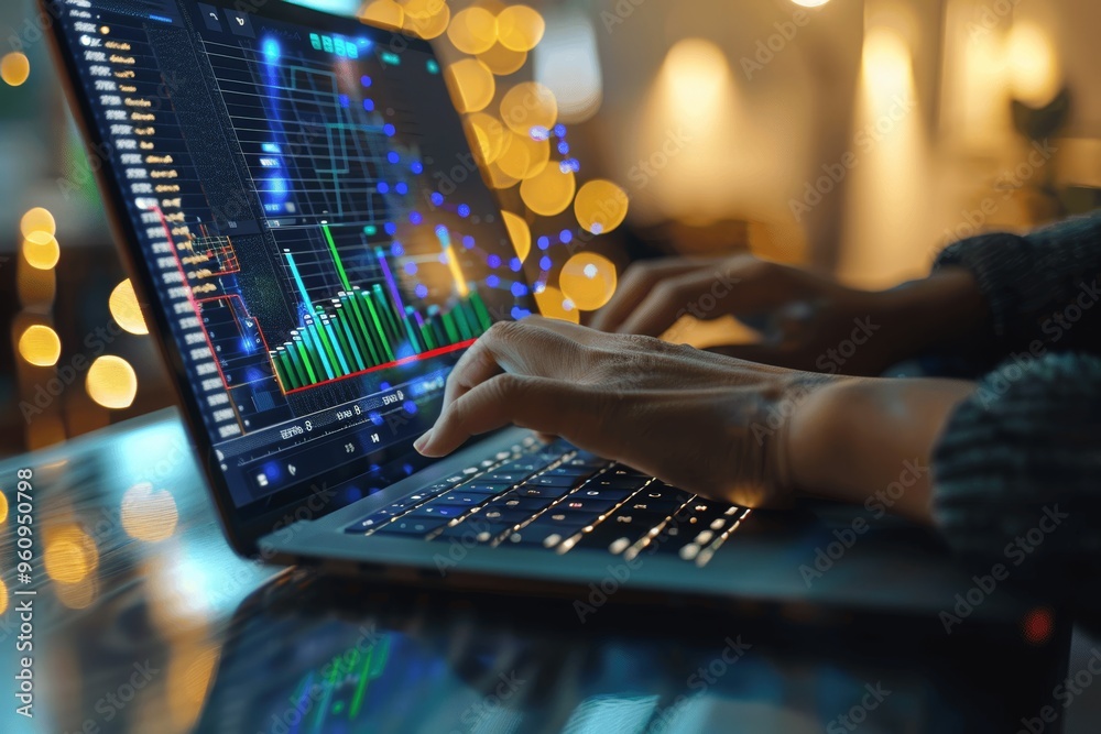 Hands using laptop with digital Gantt chart on screen focusing on business project planning time management and productivity