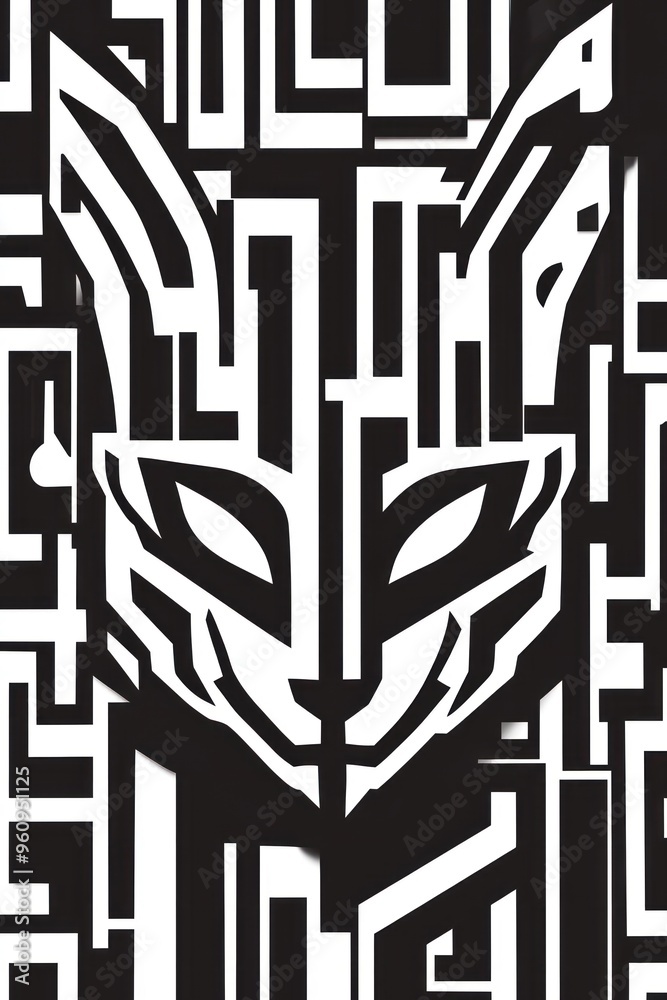 Abstract black and white illustration of a fox face, created with geometric shapes, lines and patterns. Abstract black and white illustration of a fox face, created with geometric shapes, lines and patterns.