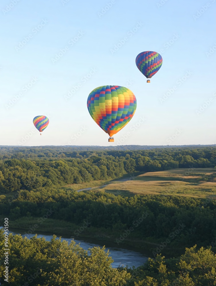 Fototapeta premium Colorful Hot Air Balloons Over River and Forest Landscape