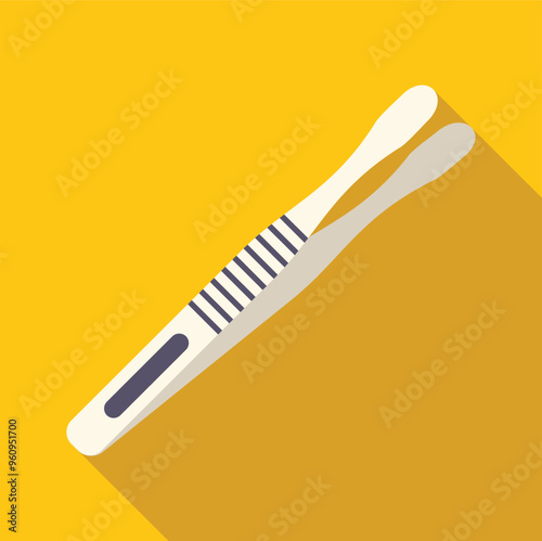 Metal tweezers lying on a yellow background, casting a long shadow