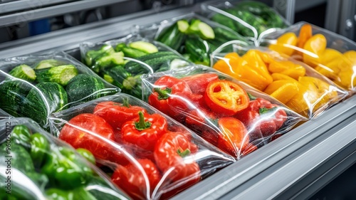 A closeup of frozen vegetables being packed into bags on an automated production line