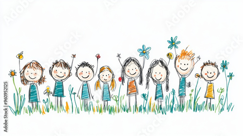 Colorful hand-drawn illustration of happy children holding hands in a flower-filled meadow, symbolizing friendship and joy.