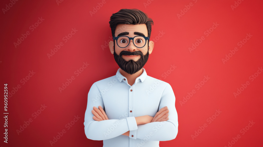 A 3D animated character with a beard, glasses, and a confident expression, posed against a red background. A 3D animated character with a beard, glasses, and a confident expression, posed against a red background.