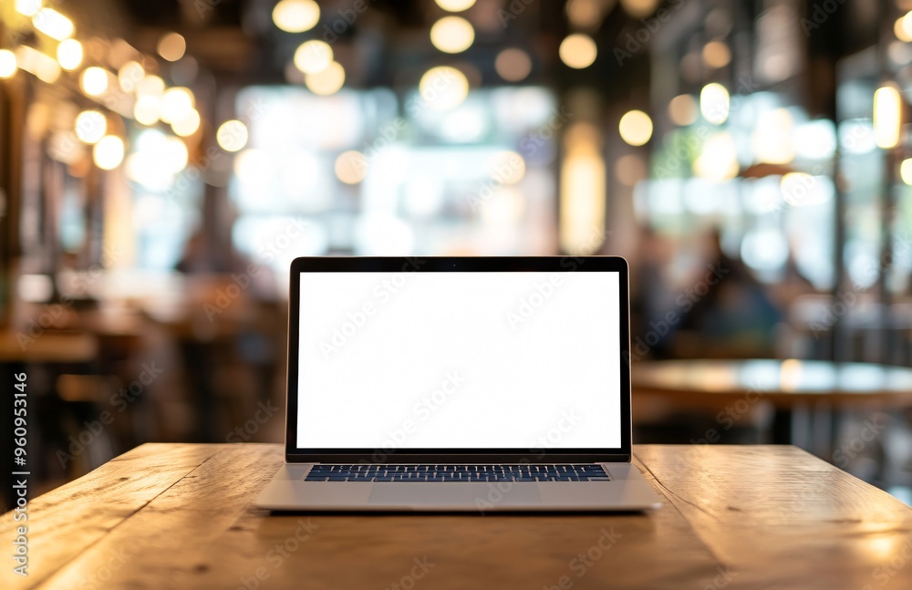 Laptop Computer on Wooden Table in Cafe with Blurred Background Laptop Computer on Wooden Table in Cafe with Blurred Background