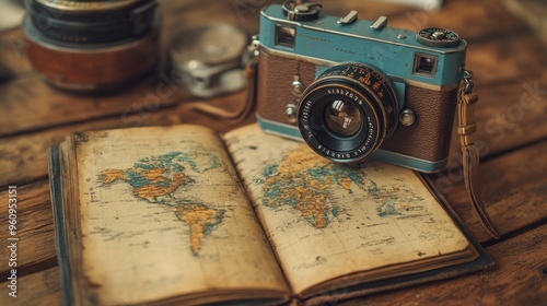 Vintage Camera and World Map for Travel Adventures