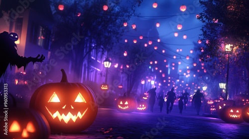 Wallpaper Mural A spooky Halloween scene with glowing pumpkins, eerie lights, and shadowy figures wandering a misty street. Torontodigital.ca