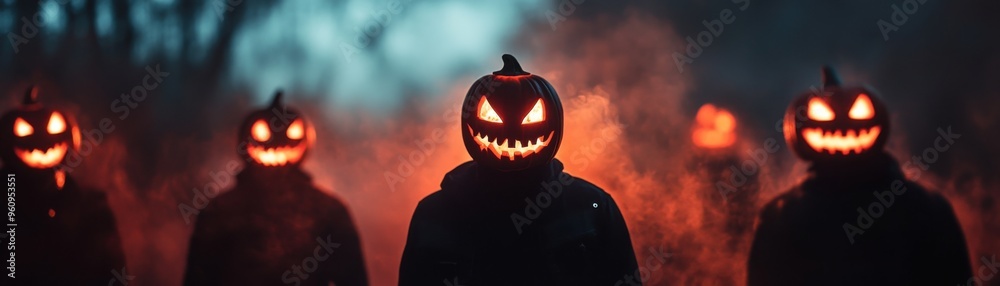 Fototapeta premium A spooky Halloween scene with menacing jack-o'-lanterns glowing amidst a foggy forest, creating an eerie atmosphere.