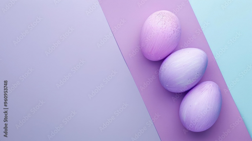 Three colored eggs sitting next to each other against a colorful background. Three colored eggs sitting next to each other against a colorful background.