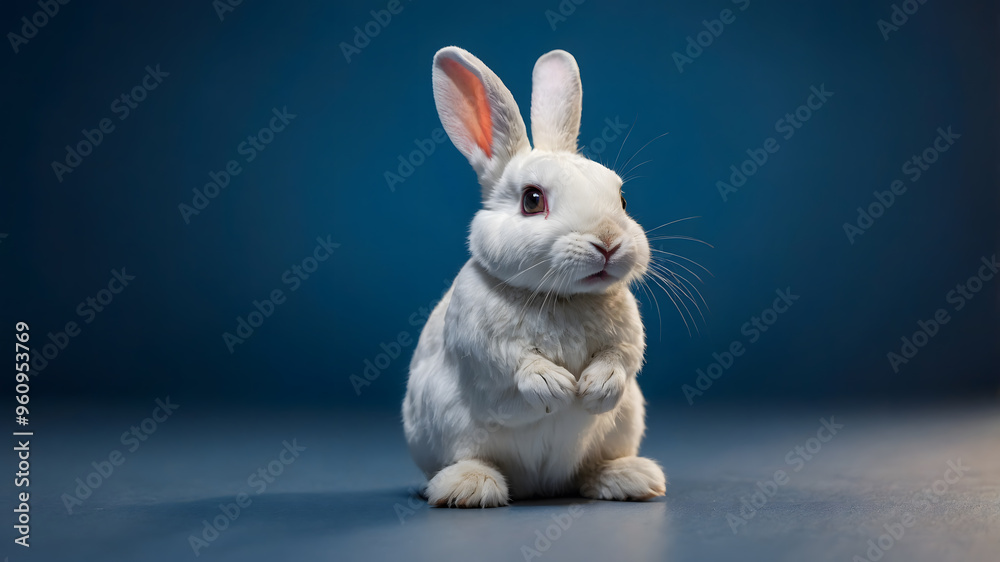 Obraz premium White Rabbit with Pink Ears on a Blue Background