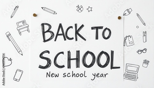 Exciting Back to School announcement with lively pencil drawings of school activities, desks, and supplies on white paper. Emphasizes the new beginning of the school year photo