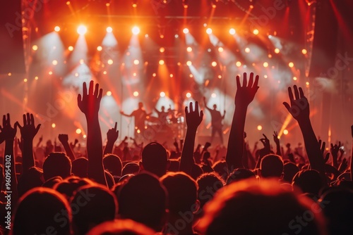 Ecstatic Crowd Celebrating at Music Festival With Hands in Air in Front of Stage