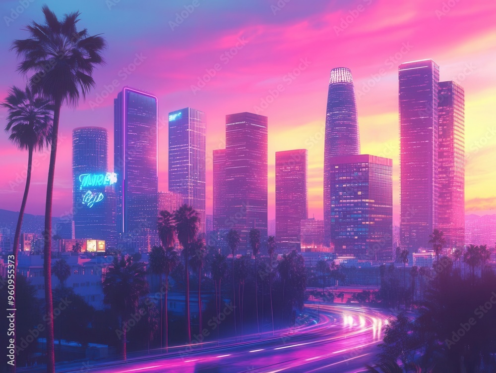 Fototapeta premium A lively city skyline at sunset with palm trees, retrofuturistic architecture, and soft pastel hues blending with neon signs 80s synthwave vibes