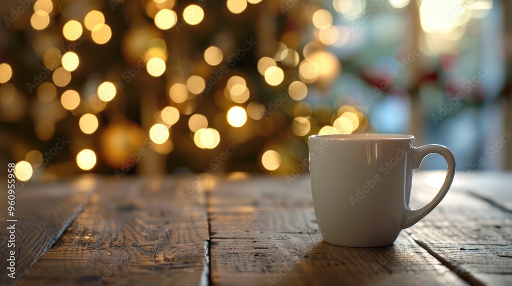 White cup on wooden table near Christmas tree with golden lights. Text space. Cup mockup for holiday advertising. White cup on wooden table near Christmas tree with golden lights. Text space. Cup mockup for holiday advertising.