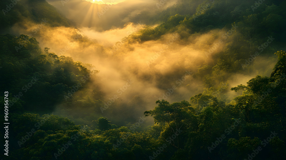 An ethereal scene of a misty rainforest valley, with the morning fog slowly lifting to reveal a thick blanket of trees and vibrant foliage. The sun begins to rise, casting a golden hue across the An ethereal scene of a misty rainforest valley, with the morning fog slowly lifting to reveal a thick blanket of trees and vibrant foliage. The sun begins to rise, casting a golden hue across the