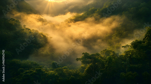 An ethereal scene of a misty rainforest valley, with the morning fog slowly lifting to reveal a thick blanket of trees and vibrant foliage. The sun begins to rise, casting a golden hue across the