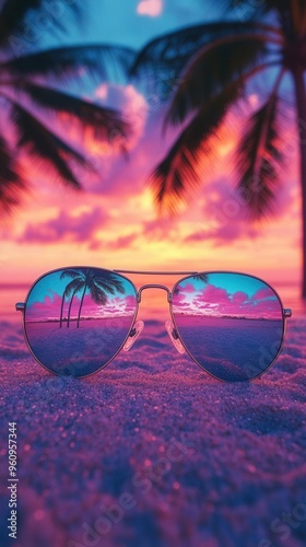 Closeup of vintage sunglasses reflecting a colorful 80s beach sunset, with palm trees and neoncolored sky, on a sandy background, perfect for summer vibes