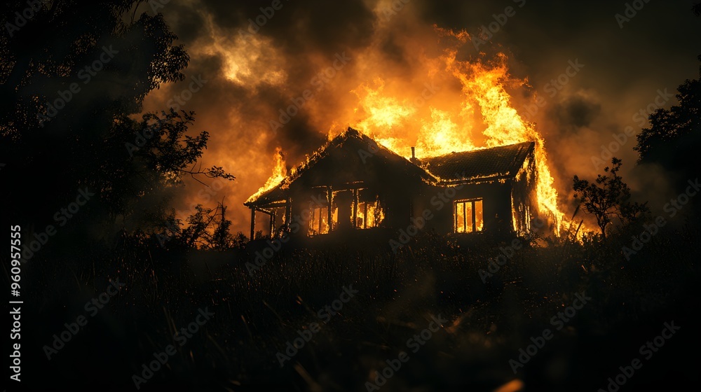 Nighttime house fire, flames tearing through the structure, the intense glow illuminating the landscape, dark shadows, moody, high-resolution photography style Nighttime house fire, flames tearing through the structure, the intense glow illuminating the landscape, dark shadows, moody, high-resolution photography style