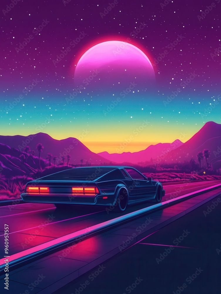 Create a synthwave aesthetics poster in flat design, side view, night drive theme, animation, vivid colors Create a synthwave aesthetics poster in flat design, side view, night drive theme, animation, vivid colors