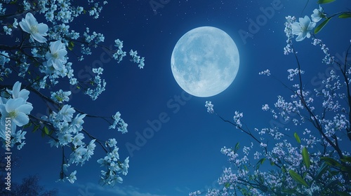 A serene night scene featuring a vast, deep blue sky with a large, glowing moon prominently visible. Below the moon, delicate flowering branches extend, their blossoms bathed in soft moonlight. 