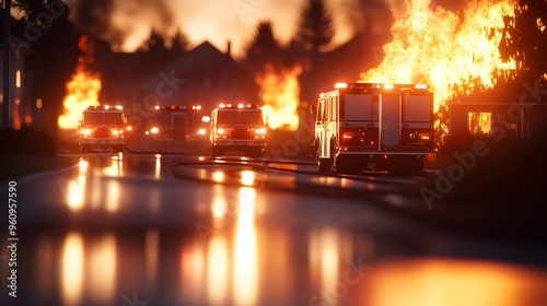Nighttime house fire in a quiet suburb, fire trucks and police cars surrounding the scene, bright flames reflecting off nearby homes, photo-realistic, deep shadows, insurance scenario