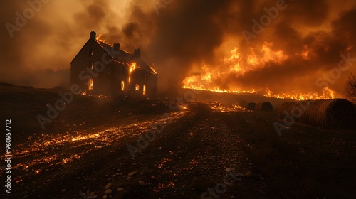 Nighttime inferno at a farmhouse, nearby haystacks ablaze, the sky thick with smoke and glowing embers, a scene of rural devastation