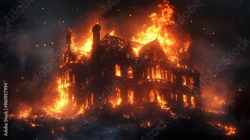 Old mansion in flames, the night sky illuminated by the inferno, ash falling like snow, the fire roaring as it consumes the building photo