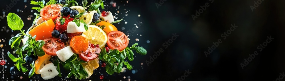 A vibrant mix of fresh fruits and vegetables arranged beautifully, perfect for healthy eating and colorful dishes. A vibrant mix of fresh fruits and vegetables arranged beautifully, perfect for healthy eating and colorful dishes.