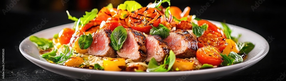A vibrant plate of grilled meat topped with fresh vegetables and herbs, showcasing a delicious gourmet dish. A vibrant plate of grilled meat topped with fresh vegetables and herbs, showcasing a delicious gourmet dish.