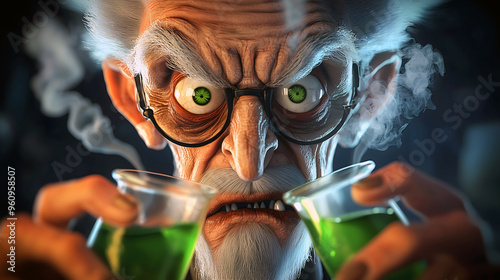 mad scientist in a laboratory mixing chemicals in test tubes